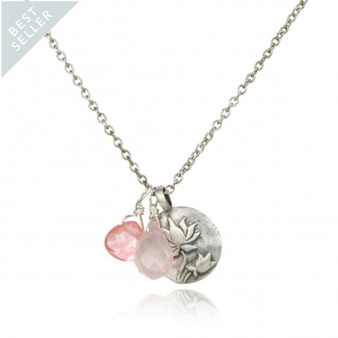 Silver Rose and Cherry Quartz Lotus Necklace