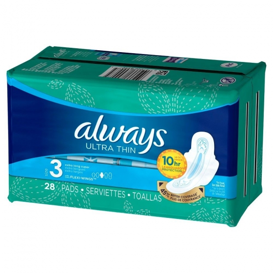 Always Ultra Thin Size 3 Extra Long Super Pads With Wings, Unscented