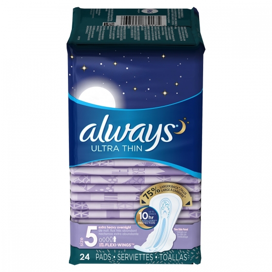 Always Ultra Thin Size 5 Extra Heavy Overnight Pads With Wings, Unscented