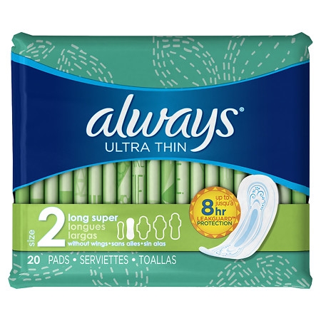 Always Ultra Thin Size 2 Long Super Pads Without Wings, Unscented