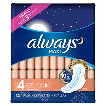 Always Maxi Size 4 Overnight Pads with Wings, Unscented