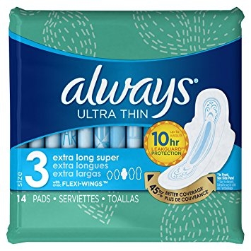 Always Ultra Thin Size 2 Long Super Pads With Wings, Unscented