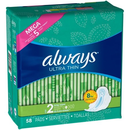 Always Ultra Thin Size 2 Long Super Pads With Wings, Unscented
