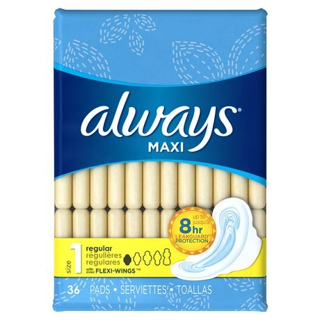 Always Maxi Size 1 Regular Pads with Wings, Unscented