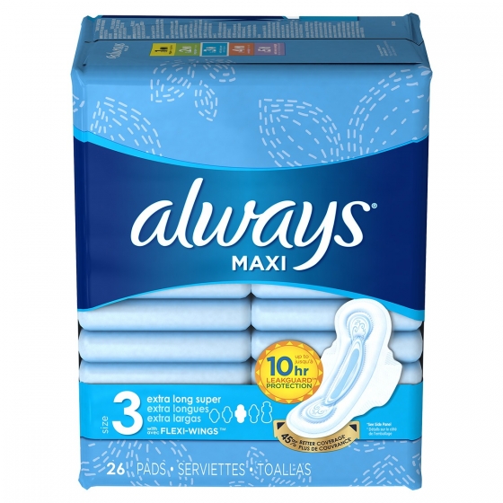 Always Maxi Size 3 Extra Long Super Pads with Wings, Unscented