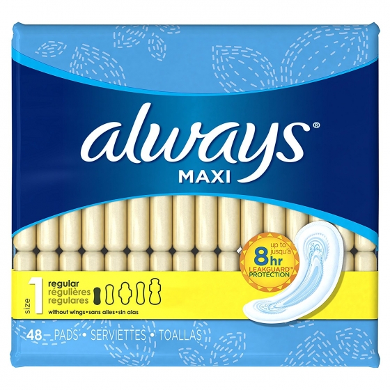 Always Maxi Size 1 Regular Pads with Wings, Unscented