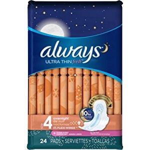 Always Ultra Thin Fresh Size 4 Overnight Pads With Wings, Scented
