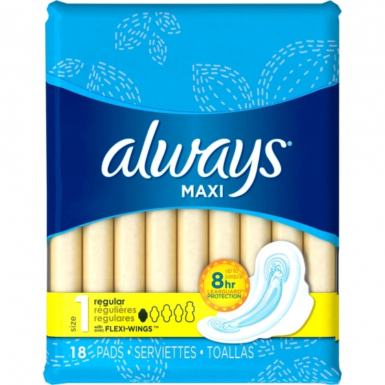 Always Maxi Size 1 Regular Pads with Wings, Unscented