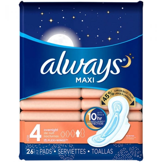 Always Maxi Size 4 Overnight Pads with Wings, Unscented