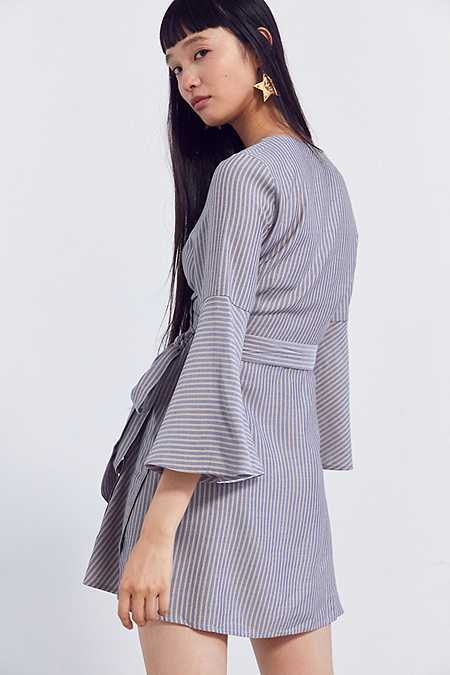 Ecote Striped Bell Sleeve Wrap Dress